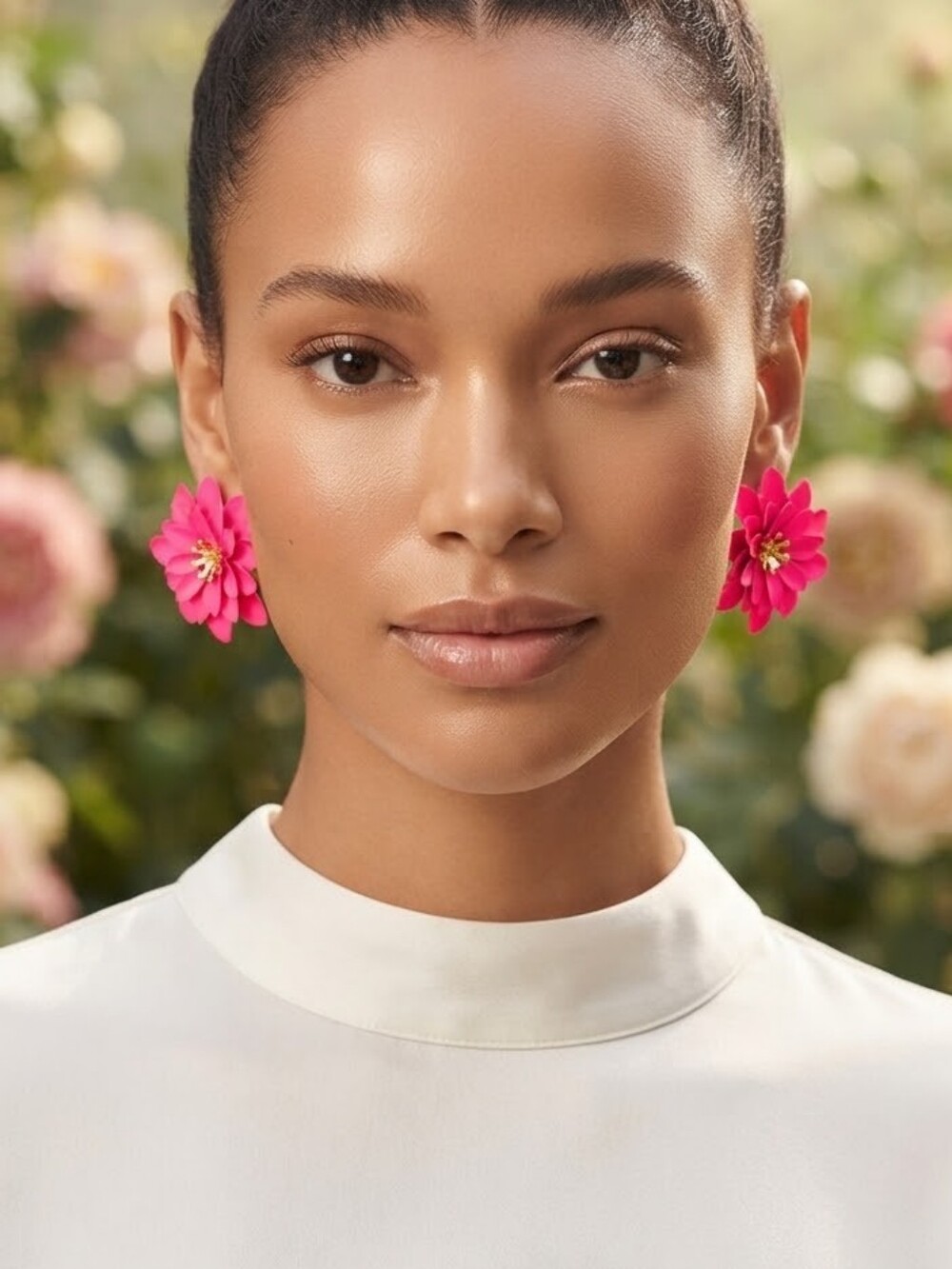 Hot Pink Flower Statement Earrings with Gold Centers